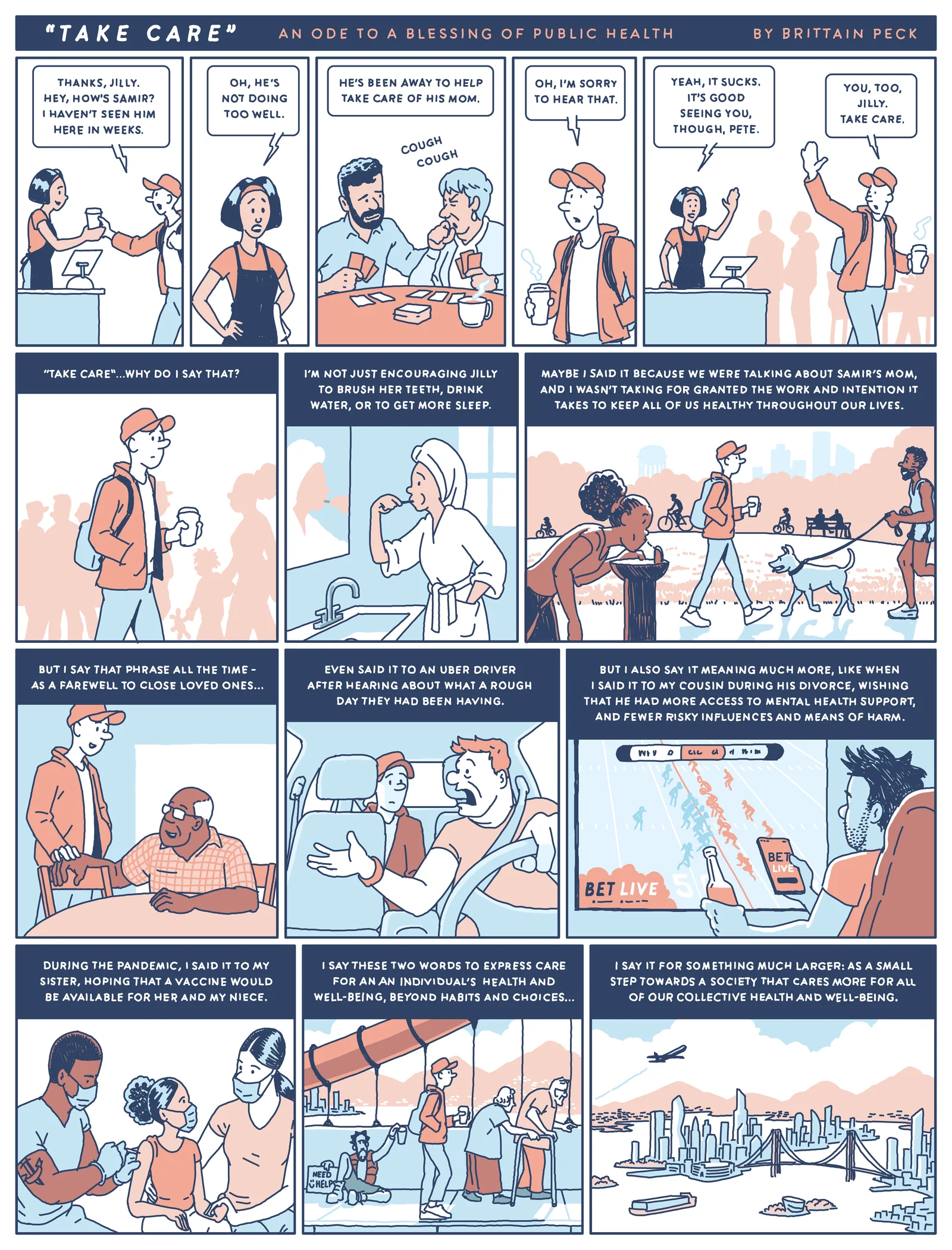 “Take care”: An ode to a blessing of public health, a comic by Brittain Peck. Tap to enlarge.