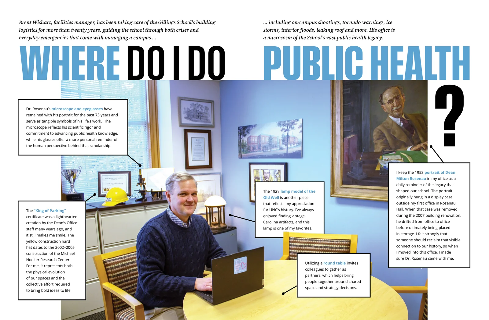 Where do I do public health? Brent Wishart photographed in his office, with annotations pointing out the King of Parking certificate, Rosenau microscope and eyeglasses, 1953 portrait of Dean Milton Rosenau, lamp model of the Old Well, and round table. Tap to enlarge.